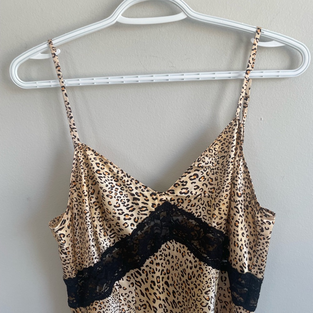 TAN CREAM LEOPARD PRINT SLIP DRESS STRAPS NEGLIGEE BLACK LACE AUGUST SILK - Picture 4 of 11